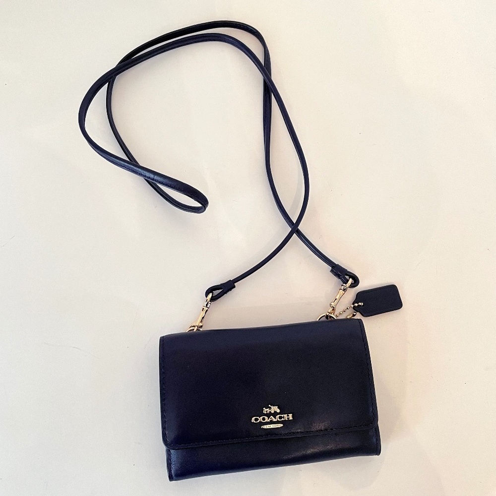 Coach Crossbody Wallet Leather Navy Blue w/ Strap